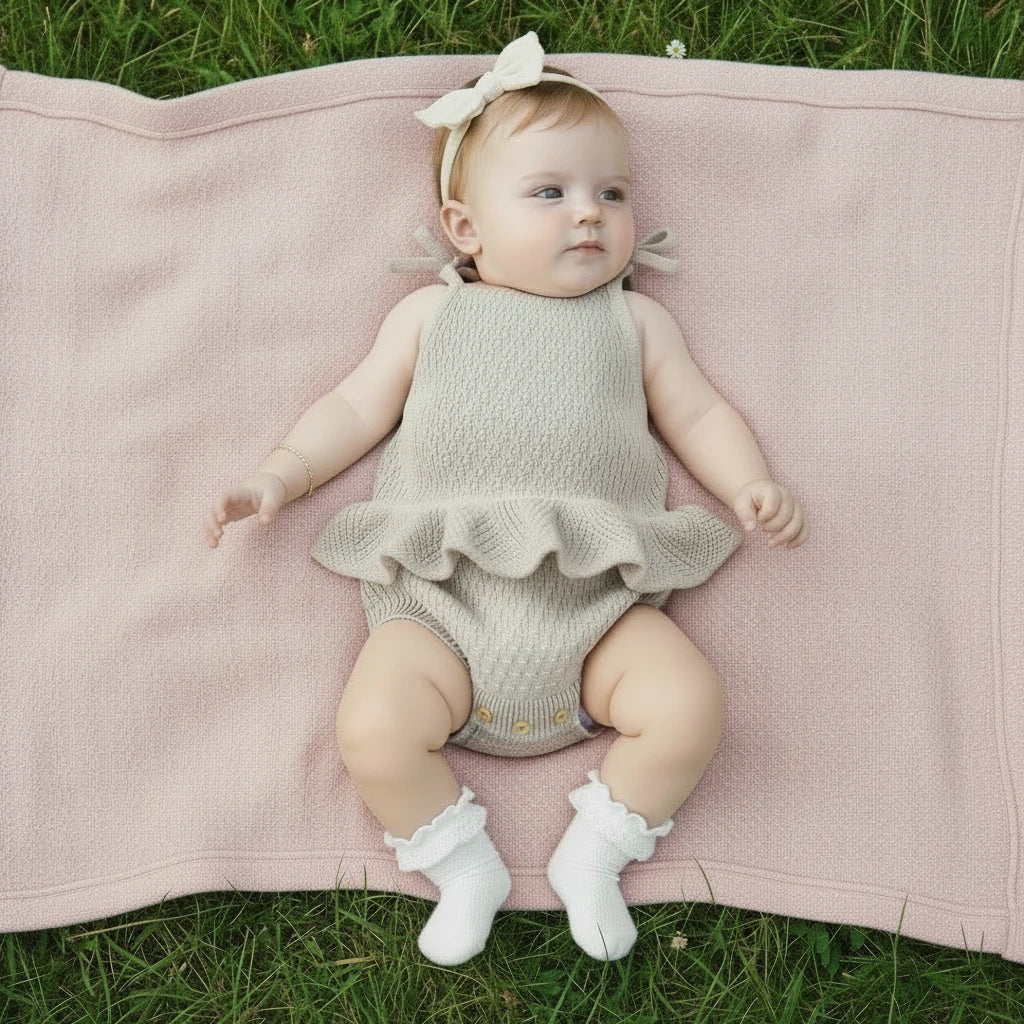 Knitted baby romper with ruffled bottom on a white background