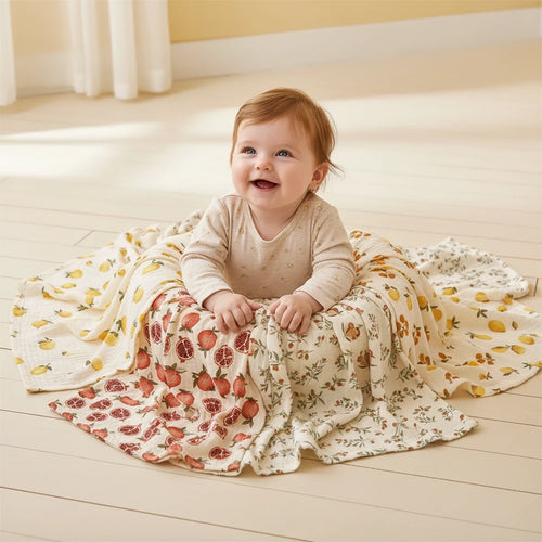 Three patterned cloths hanging on a wooden rod against a beige background