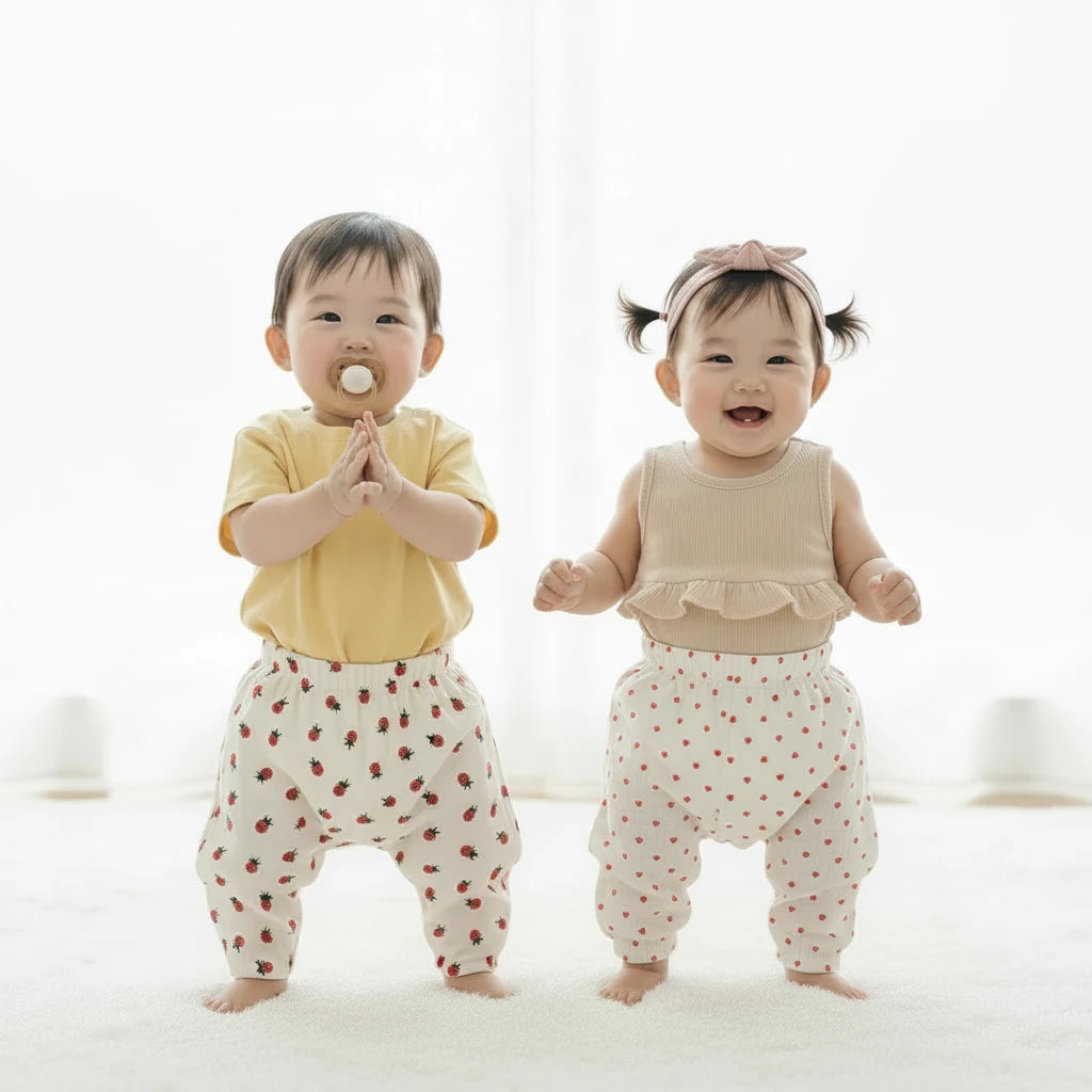 Set of baby rompers with various patterns on a plain background